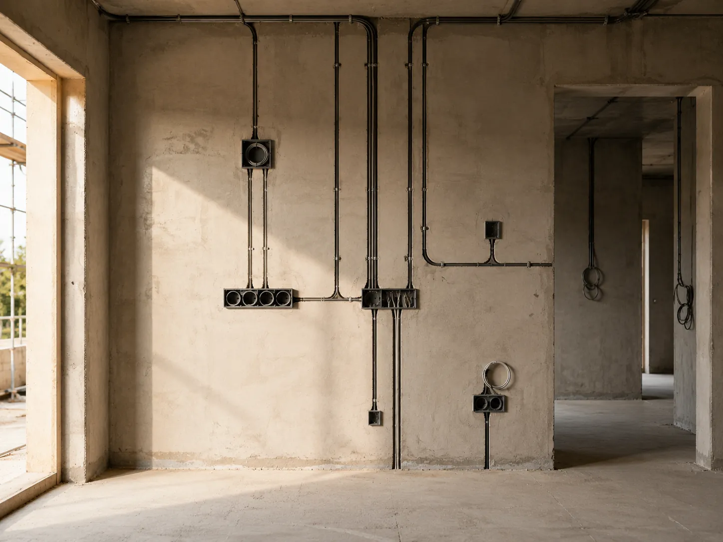 Elektroinstallation im Neubau: Leitungen und Installationsdosen in einer Rohbauwand