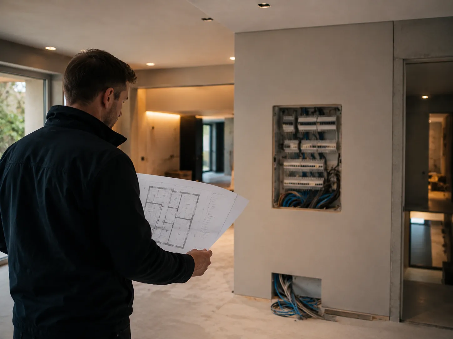 Elektroplanung vor Ort: Installationsplan in der Hand, Blick auf die Installation