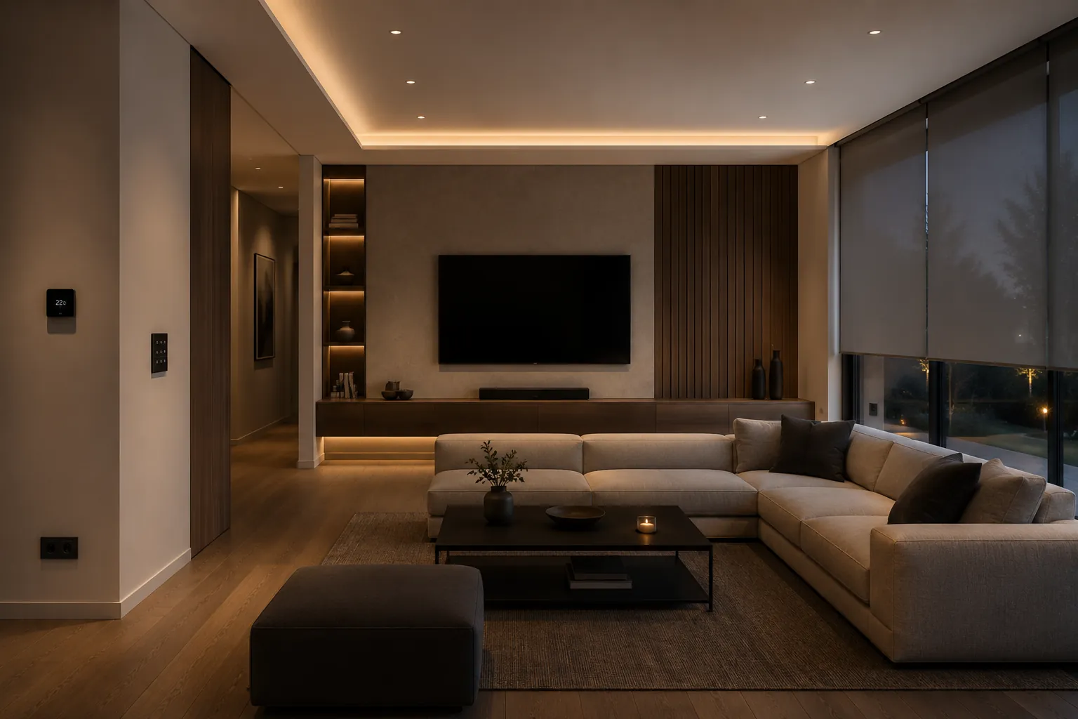 Moderner Wohnraum mit Lichtvoute, Raumthermostat, Bedienpanel und motorisierter Beschattung